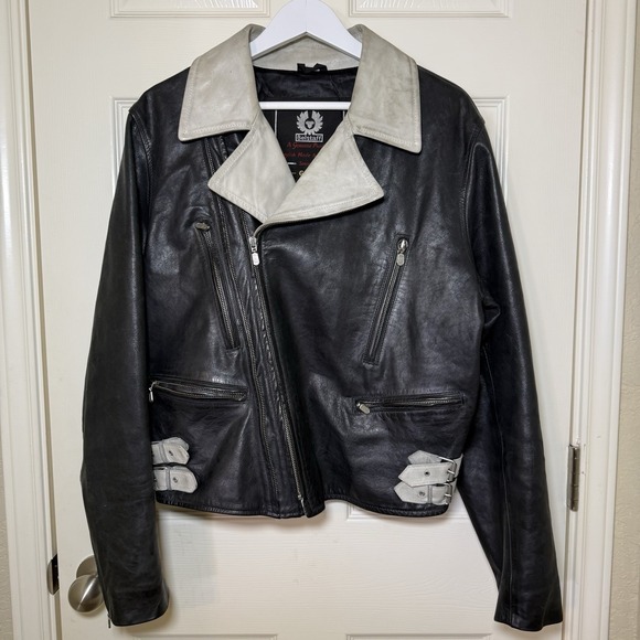 Vtg. Belstaff Gold Label Men's L Bi-Color Black/Gray Leather Biker Moto Jacket - Picture 4 of 16